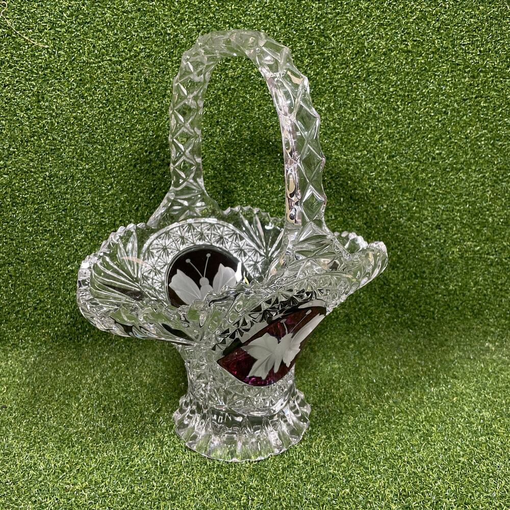 Vintage Hofbauer Byrdes Cut To Clear Ruby Crystal Handled Basket